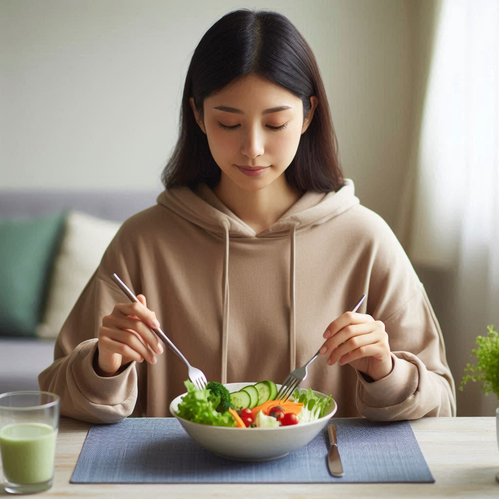 Woman practicing mindful eating with a fresh meal