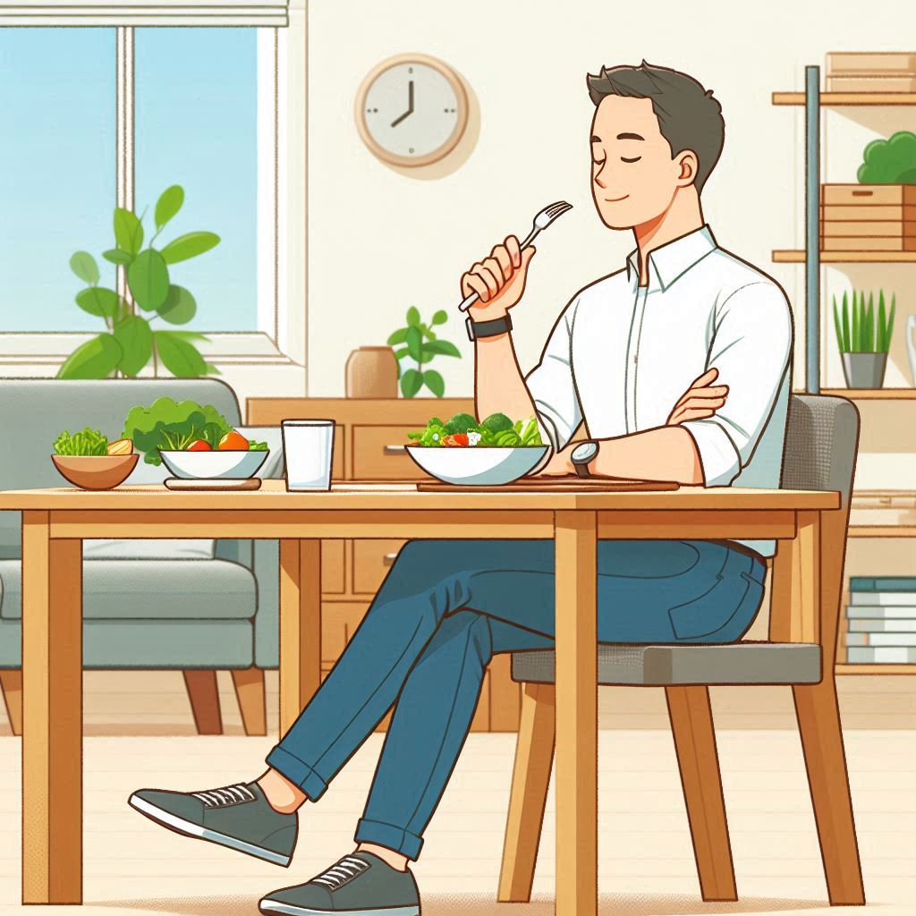 Man practicing mindful eating with a fresh meal