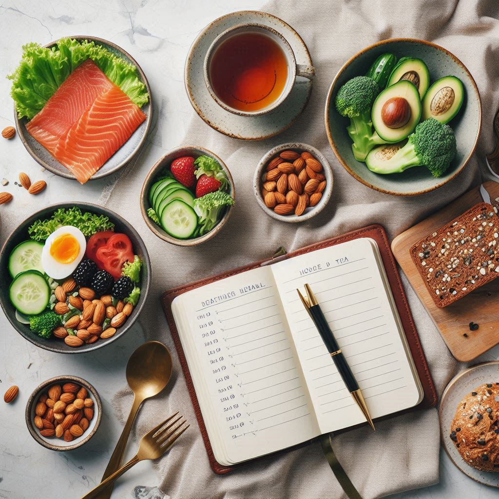 Mindful eating setup with healthy food, journal, and calming environment