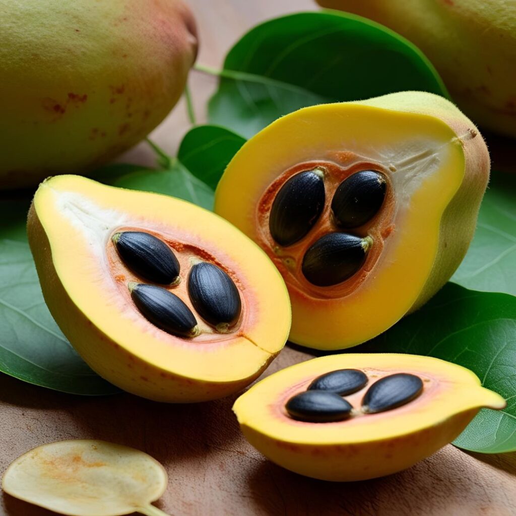 Pawpaw cut open, on green leaes showing seeds