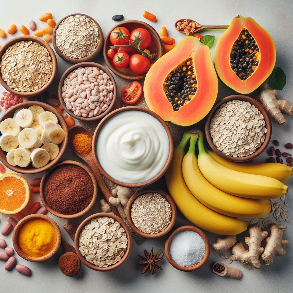 A colorful spread of gut-friendly foods—yogurt, bananas, beans, papaya, ginger, oats