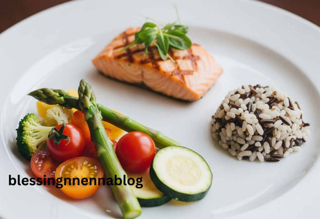 A well-balanced plate with small portions of protein, vegetables, and grains