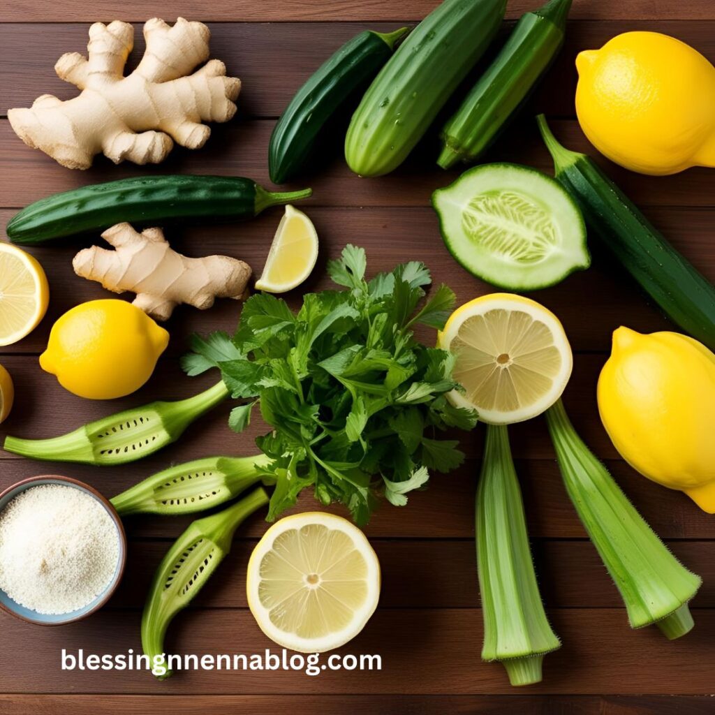 A vibrant Nigerian kitchen scene showing fresh ingredients like ginger, pawpaw, cucumber, lemon, and okra spread out on a wooden counter.