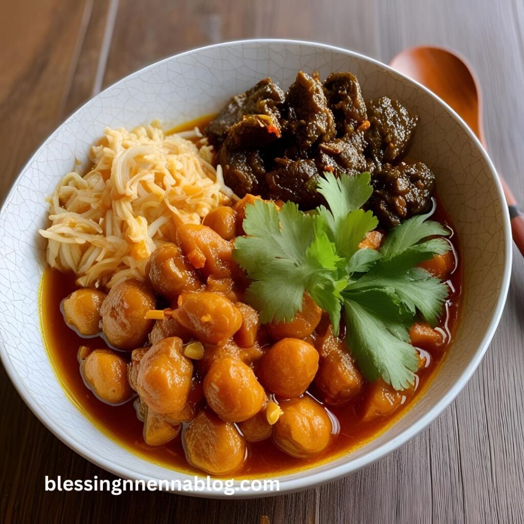 A traditional Nigerian breakfast: creamy ogi (pap) with golden-brown akara balls, in a colorful local setting.