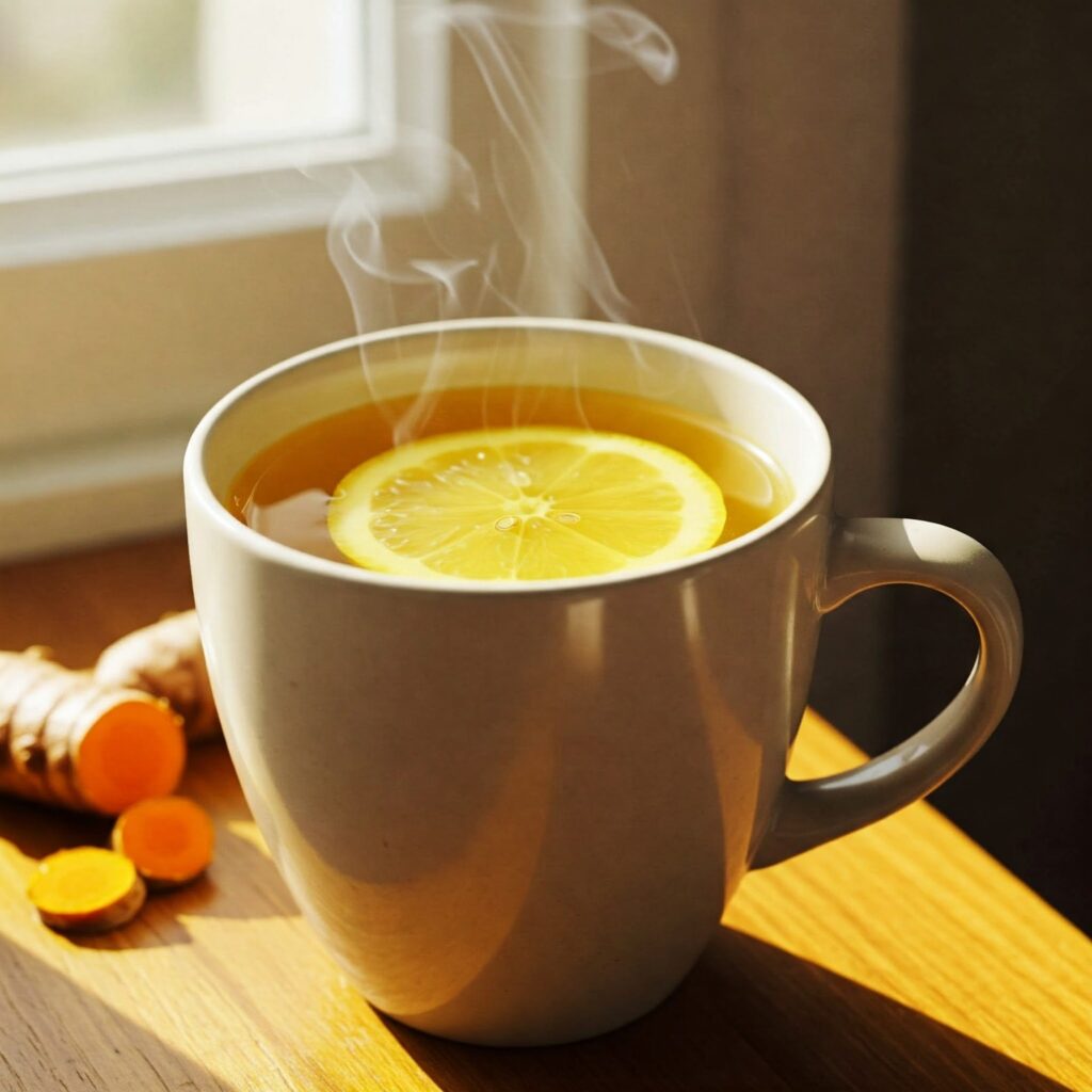 Turmeric tea with lemon in ceramic mug