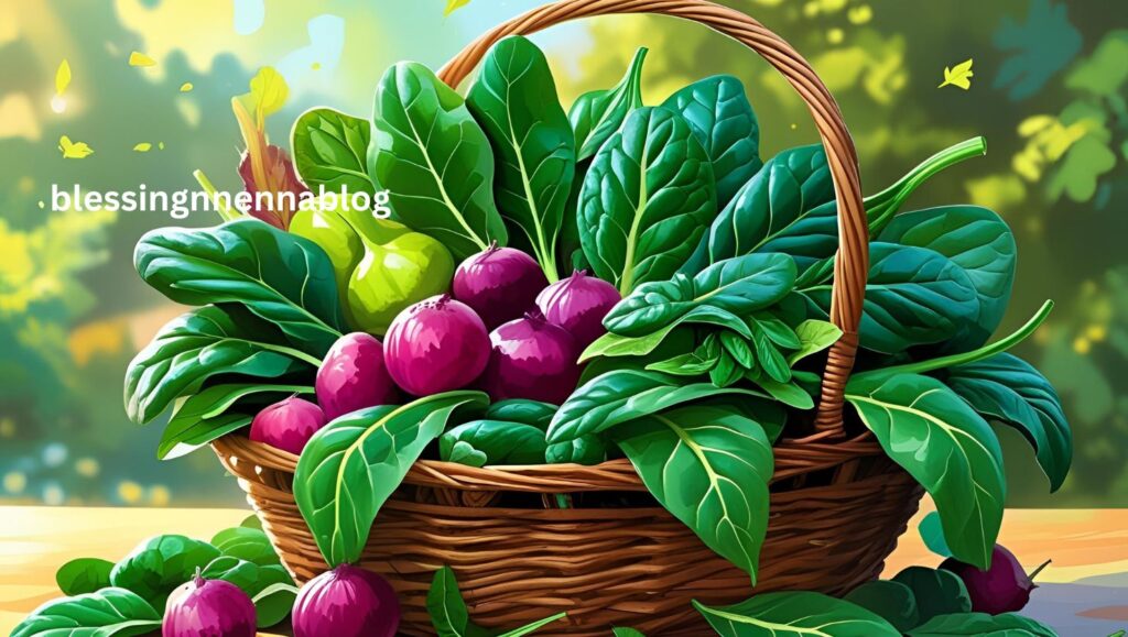 A basket of fresh ugu, spinach, and bitter leaf