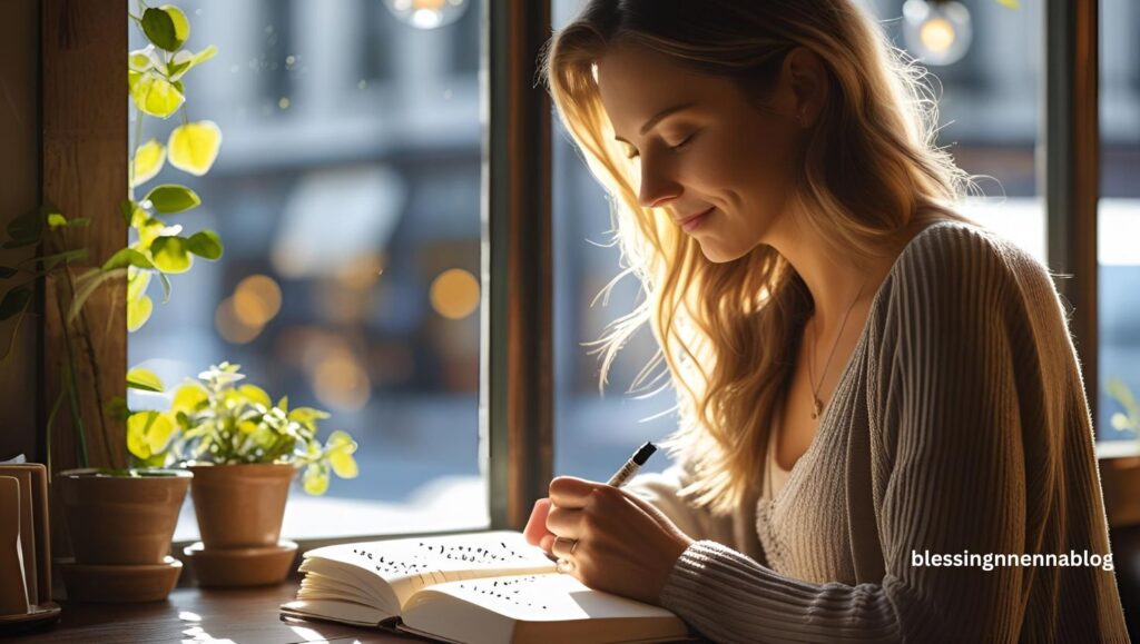 A calm woman journaling with a “no” written on the page