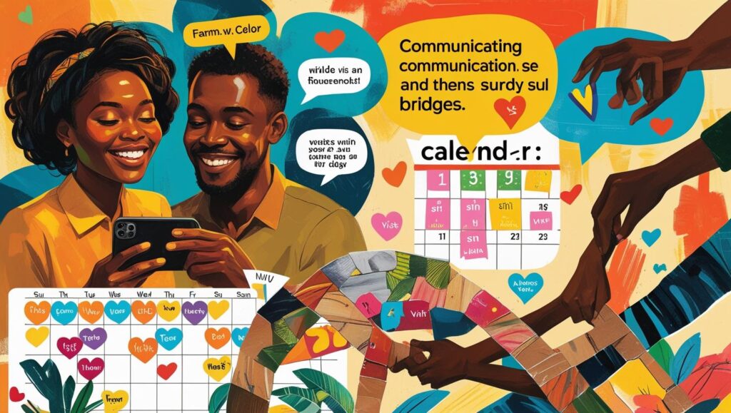 Collage of communication tools and symbols of connection, representing strategies for Nigerian couples to survive long-distance relationships despite the 'Japa' trend