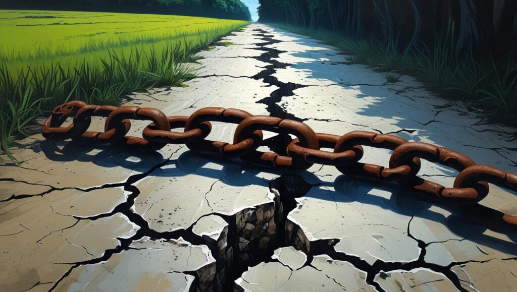 Symbolic image of a broken chain or diverging paths, representing relationships that don't survive the 'Japa' effect.