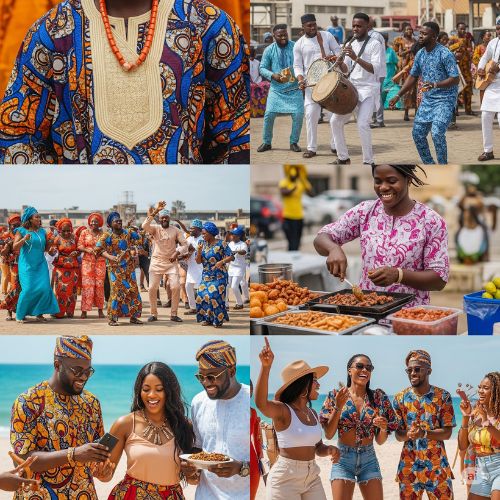 Collage representing the diverse activities of Detty December in Nigeria, including cultural celebrations, street food, and lively parties