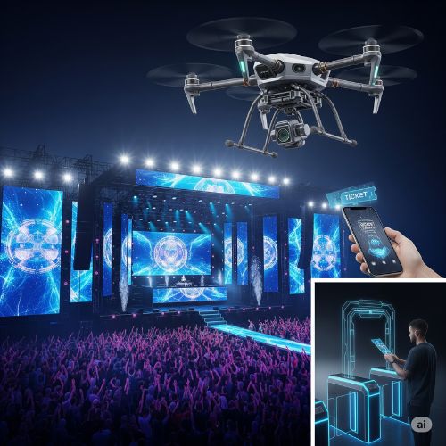Advanced stage production with large LED screens and concert-goers using mobile apps, representing the tech-driven evolution of live events during Detty December in Nigeria.