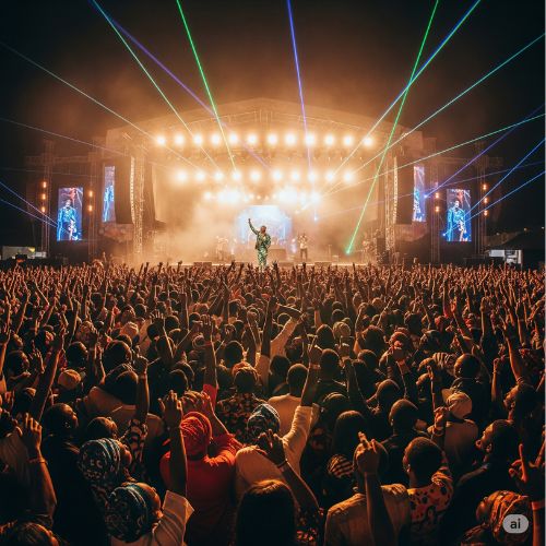 Massive crowd at a lively outdoor music concert in Lagos, Nigeria during Detty December, showcasing the vibrant live entertainment scene and festive atmosphere