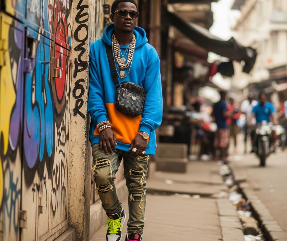 Young Nigerian in contemporary streetwear, reflecting the raw, authentic style of Street-Hop music culture in an urban setting