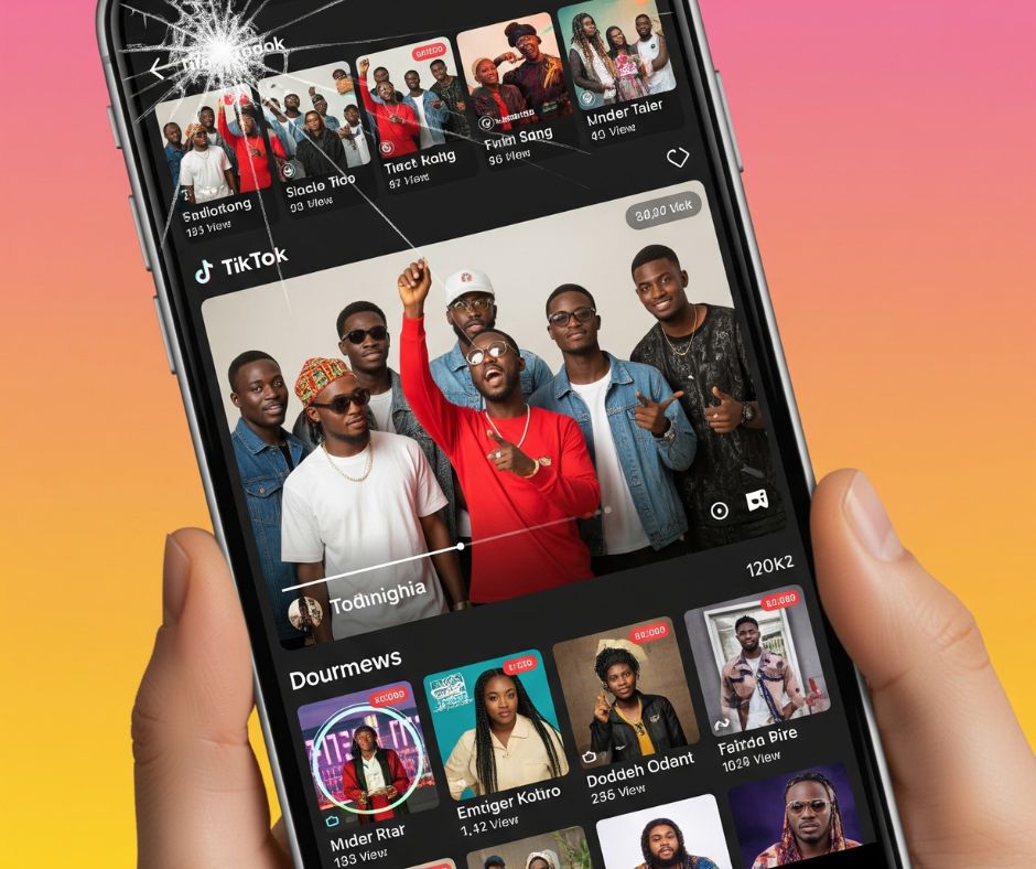 Smartphone displaying a viral TikTok video featuring a trending Nigerian song, illustrating how social media fuels new music trends