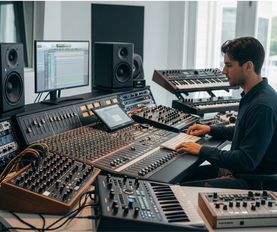 Music production studio setup, symbolizing the high-quality sound engineering and instrumentation in modern Nigerian Gospel music