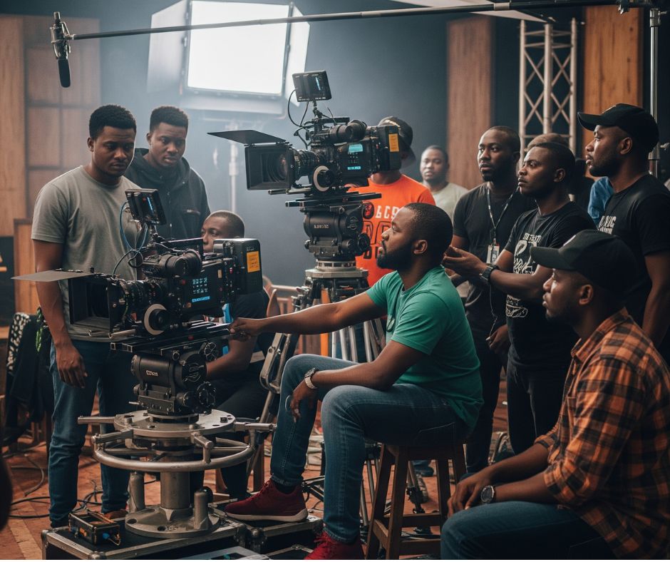 Professional film crew working on a modern Nollywood set with high-end equipment, illustrating the shift to quality production in Nigerian cinema.