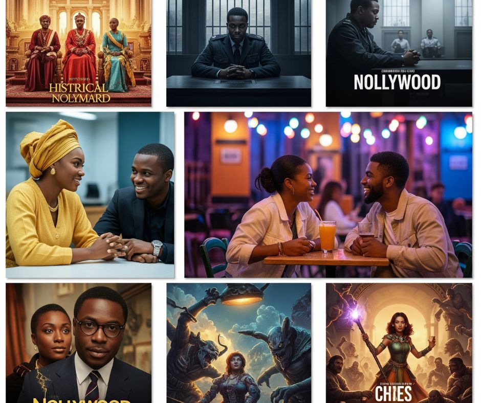 Nollywood film stills and mini-posters, showcasing a range of genres from historical epics to crime dramas and comedies
