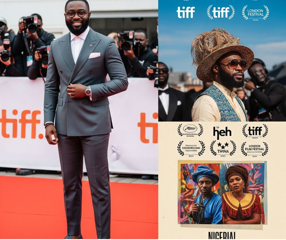 Nigerian filmmaker or actor on the red carpet at an international film festival, symbolizing Nollywood's growing global recognition and presence