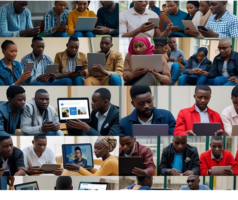 Diverse Nigerians consuming digital content on multiple devices, illustrating changing distribution and mobile-first consumption habits in Nigeria
