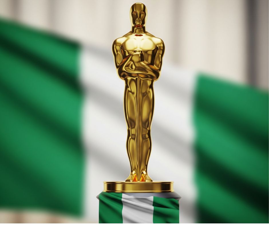 Oscar statuette with Nigerian flag, symbolizing Nigeria's ambition and dream for an Academy Award nomination for Nollywood films in 2025.