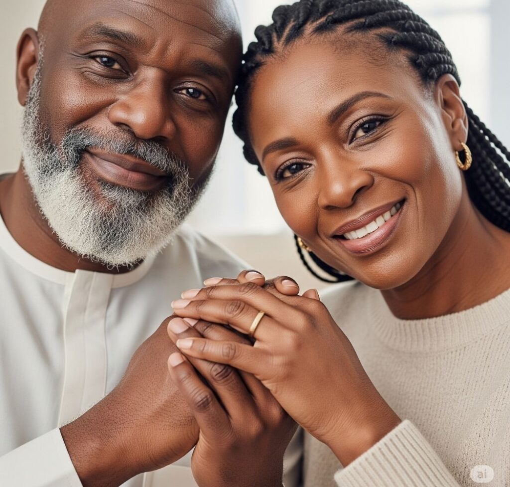 Close-up of a mature Nigerian couple holding hands, representing the benefits of experience and maturity when finding love in Nigeria