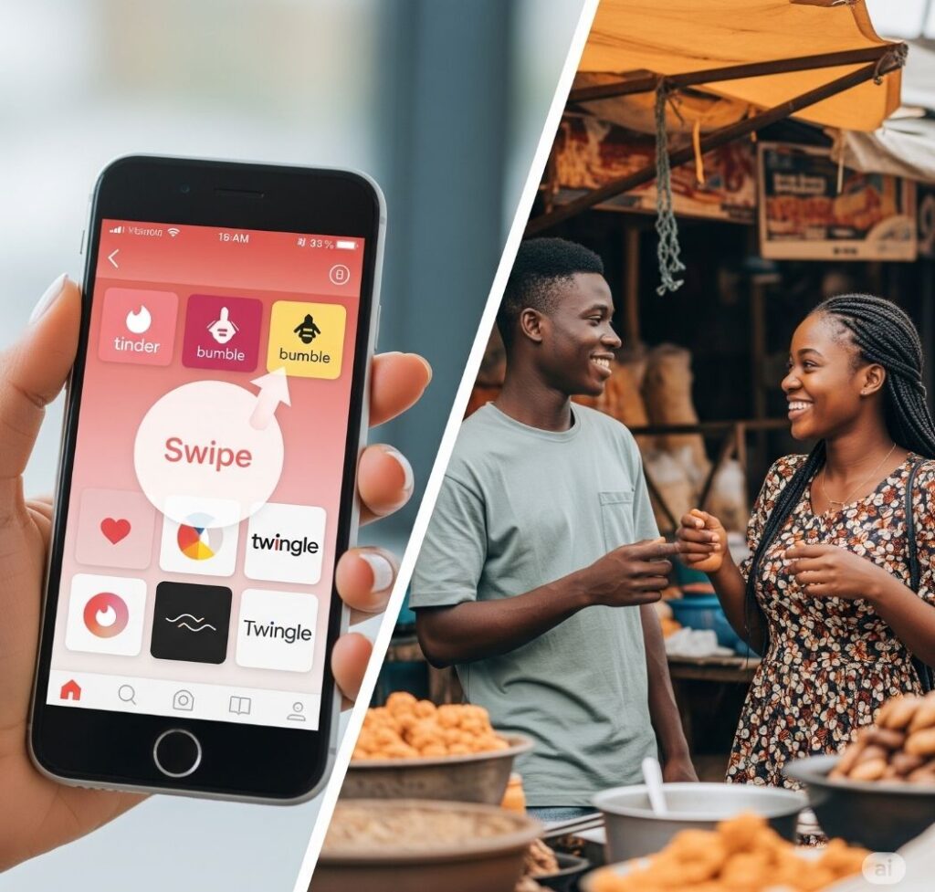 Split image showing dating app interfaces on a smartphone and a happy Nigerian couple interacting in person, symbolizing online dating in Nigeria.