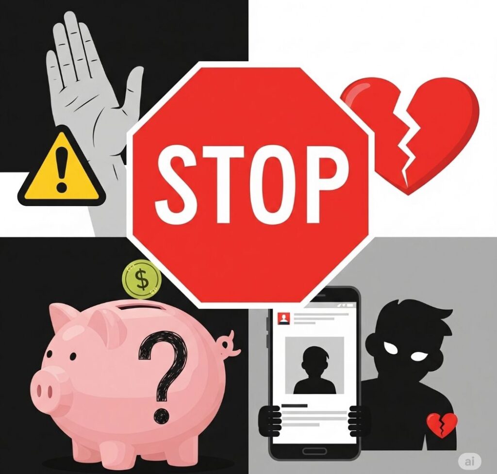 Warning signs graphic for online dating in Nigeria, featuring symbols of financial scams and fake profiles, indicating red flags to watch for