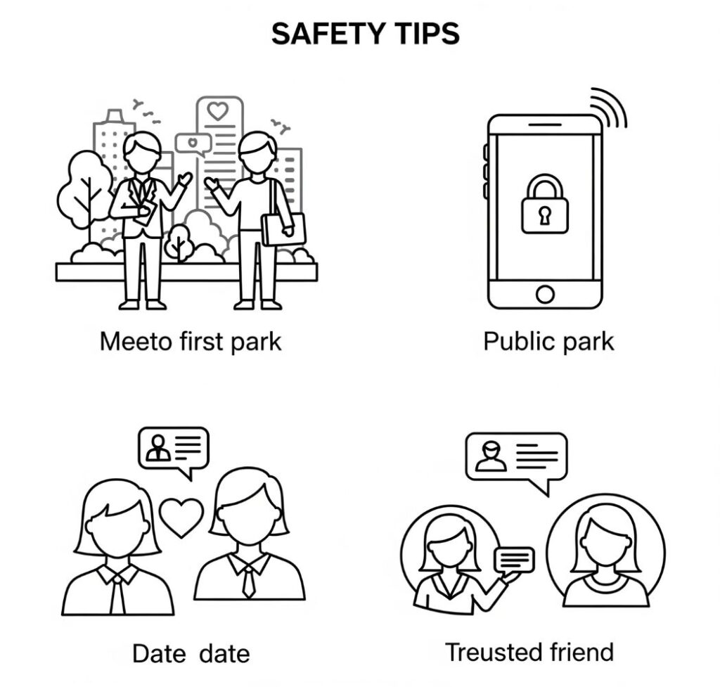 Infographic illustrating essential safety tips for online dating in Nigeria, including meeting in public and sharing plans with a friend.