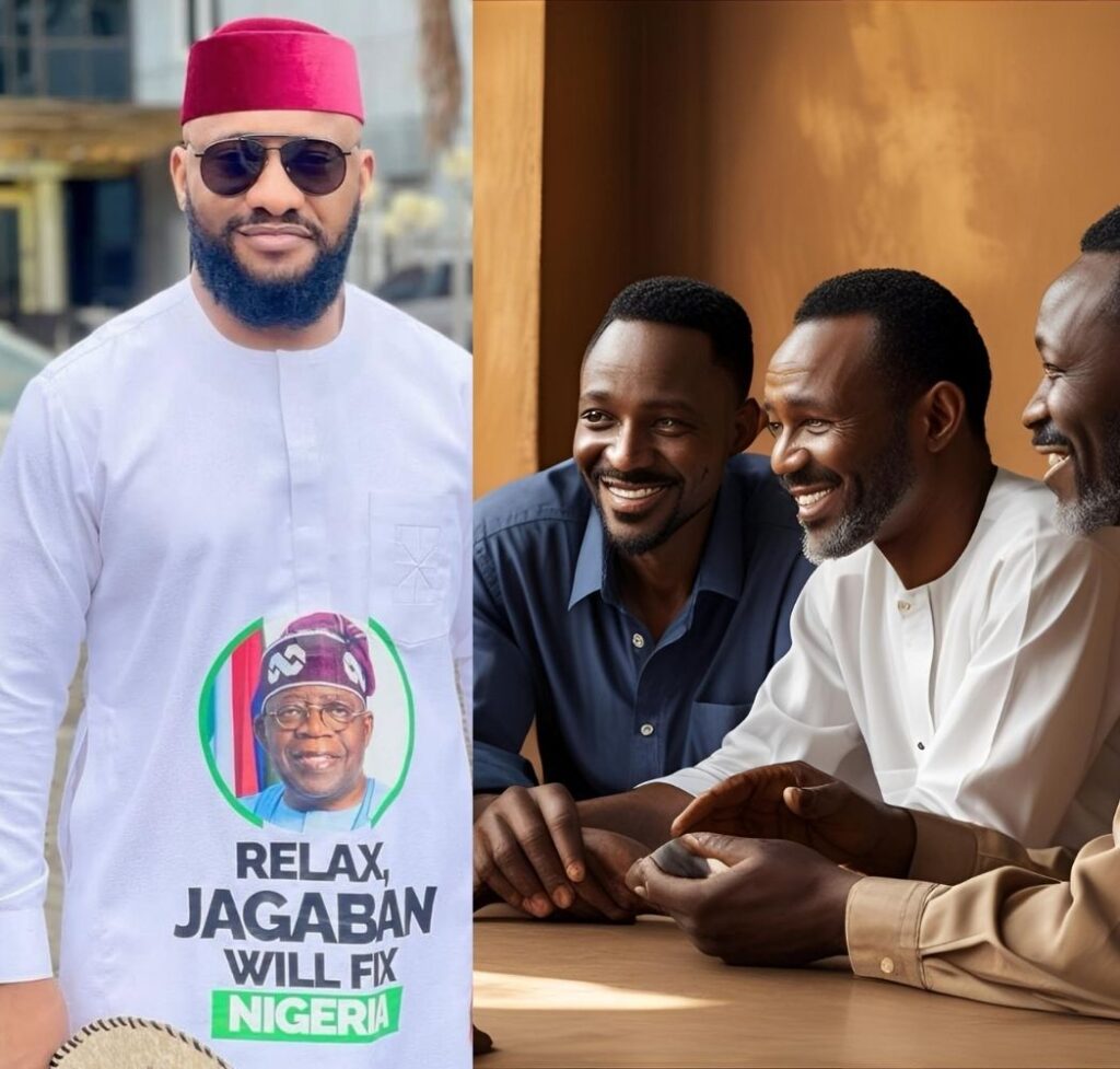Split image featuring Yul Edochie and a diverse group of Nigerian men, symbolizing the debate around his 'confidence is king' dating advice