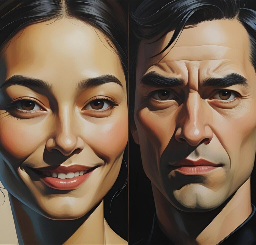 Graphic illustrating the difference between genuine confidence and arrogant behavior in dating, showing masks of authenticity versus pretense.