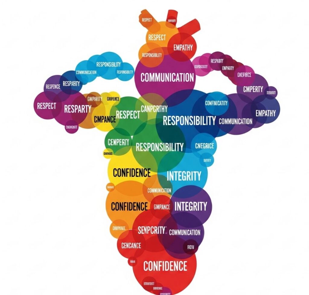 Infographic showing overlapping circles of positive traits like respect, empathy, and communication, representing a holistic approach to building character for Nigerian men in relationships.