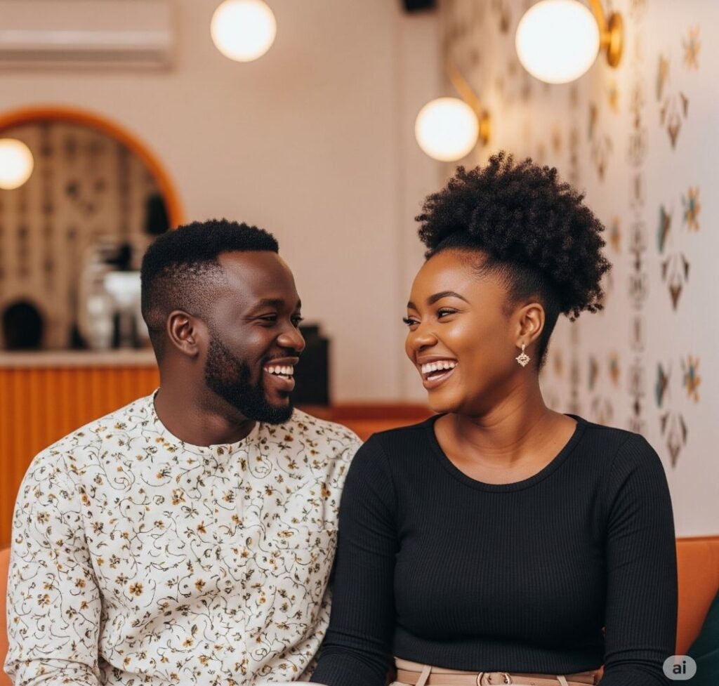 Modern Nigerian couple laughing in a contemporary setting, symbolizing the new rules of engagement and evolving courtship for Nigerian couples in 2025