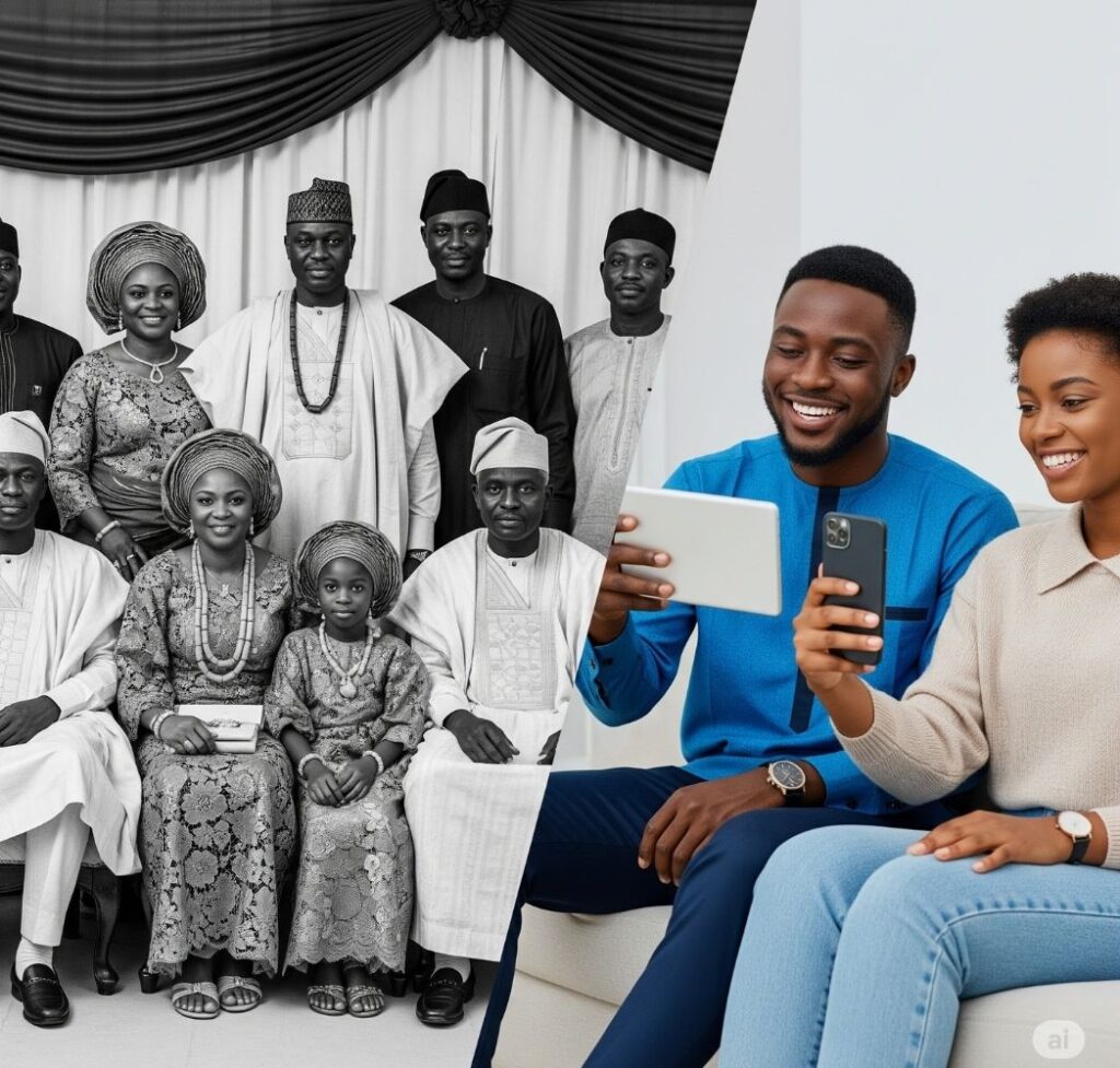 Split image contrasting traditional Nigerian family courtship with modern digital connections, showing the evolution of relationships