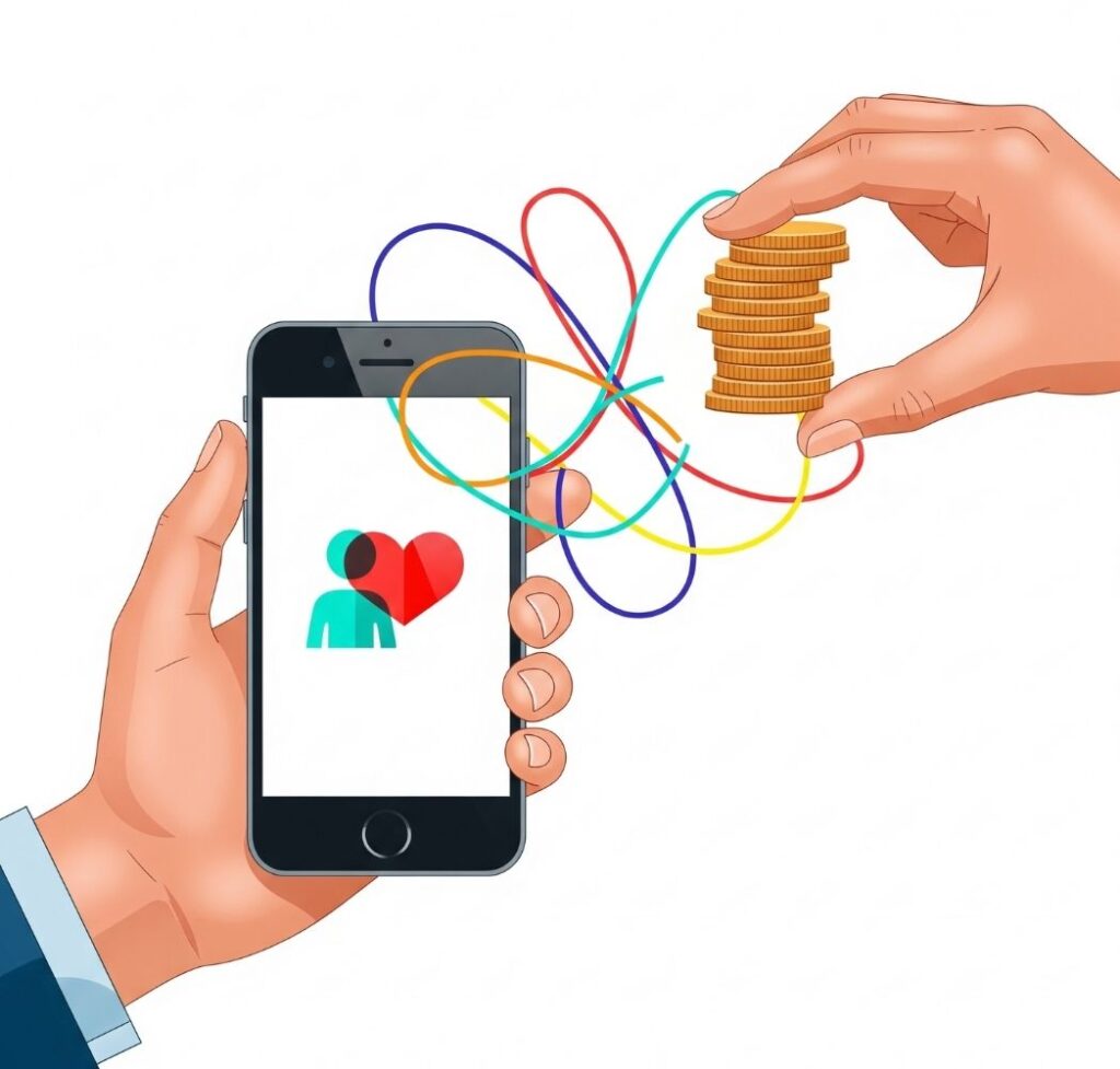 Graphic representing modern courtship for Nigerian couples, blending digital communication with open financial discussions and individual choice
