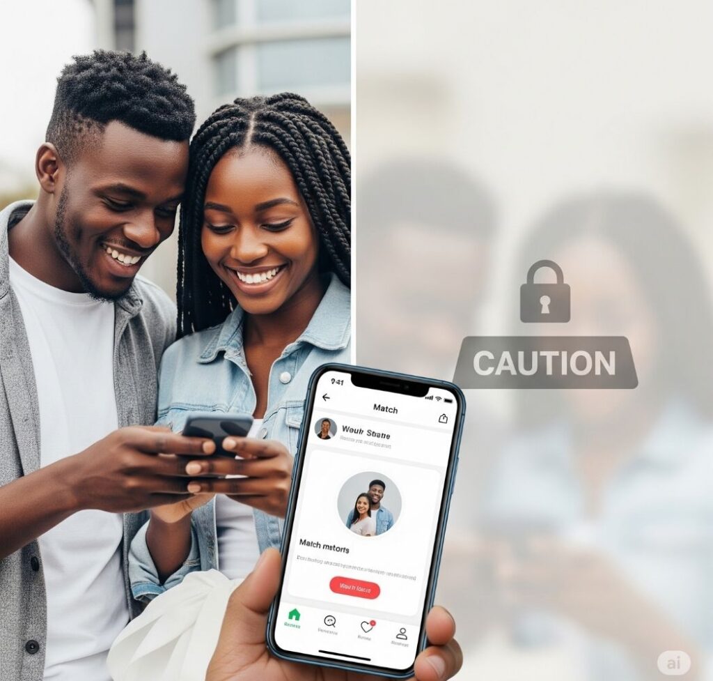 Split image depicting the positive aspects of dating apps in Nigeria with a happy user, combined with safety symbols to represent avoiding scams and finding genuine connections.