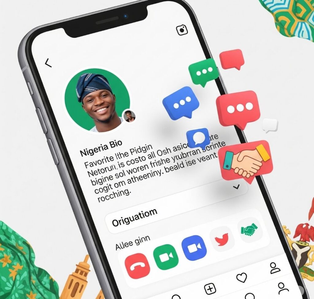 Screenshot or graphic illustrating a well-crafted dating app profile and symbols of genuine connection like video calls and thoughtful conversation for Nigerian users.