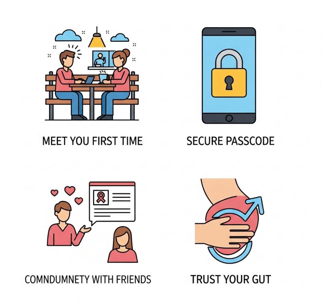 Infographic illustrating essential safety tips for using dating apps in Nigeria, including meeting in public and informing a friend