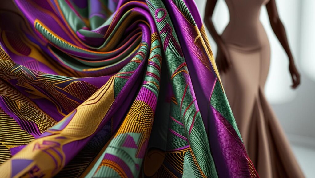 Close-up of vibrant, high-quality Nigerian fabric, illustrating the luxurious texture and intricate patterns of local craft transforming into global fashion