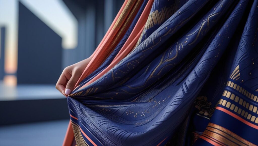 Close-up of vibrant, high-quality Nigerian fabric, illustrating the luxurious texture and intricate patterns of local craft transforming into global fashion