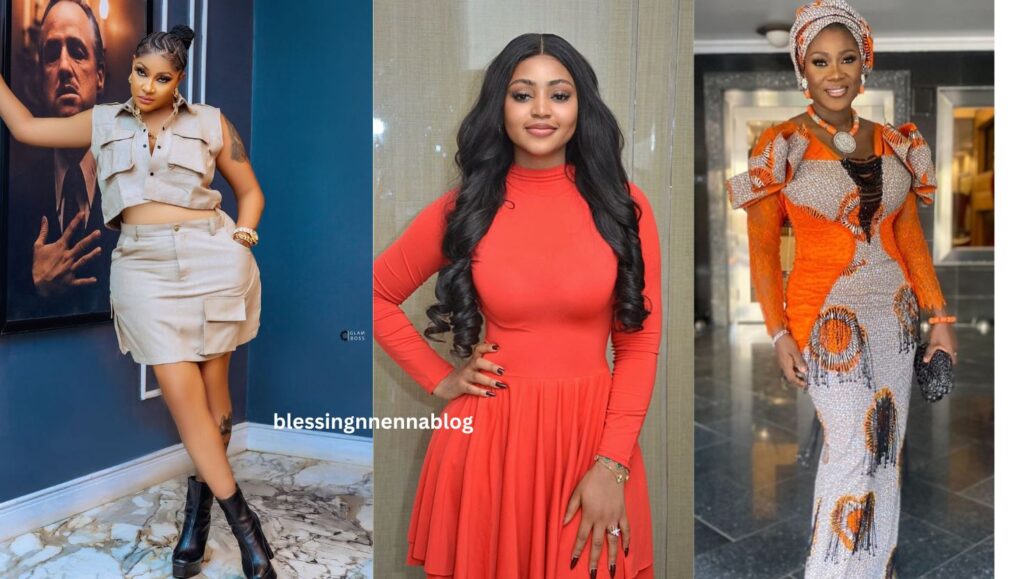 Collage of Nigerian celebrities with social media icons, symbolizing the intense public and online reaction to recent Nigerian celebrity scandals and controversies