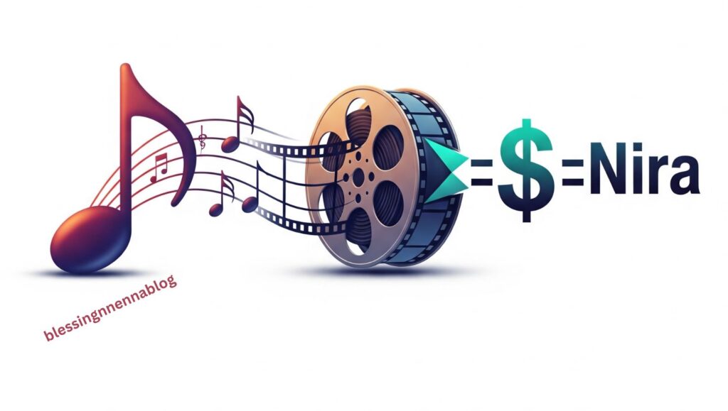 Graphic representing strategic diversification and brand expansion, with music symbols evolving into film and global reach, illustrating Afrobeats artists' move into Nollywood.