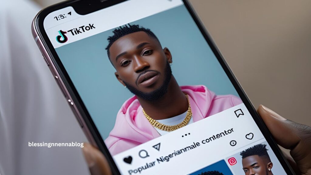 Close-up of a smartphone screen showing a viral TikTok video by a Nigerian content creator, illustrating the accessibility of digital fame