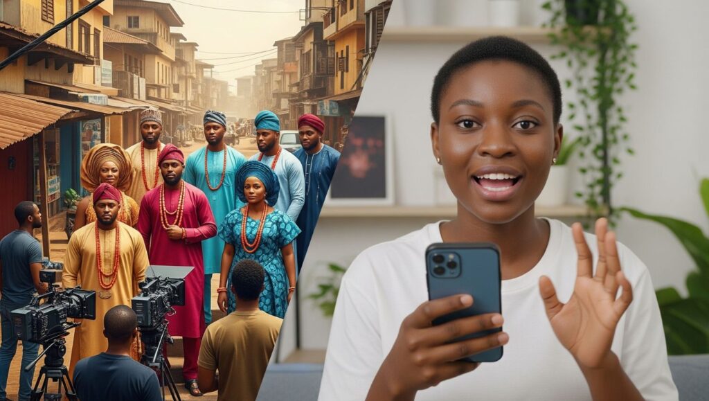 Conceptual image showing the blending of social media content creation and traditional film production, representing the blurring lines in Nigerian entertainment