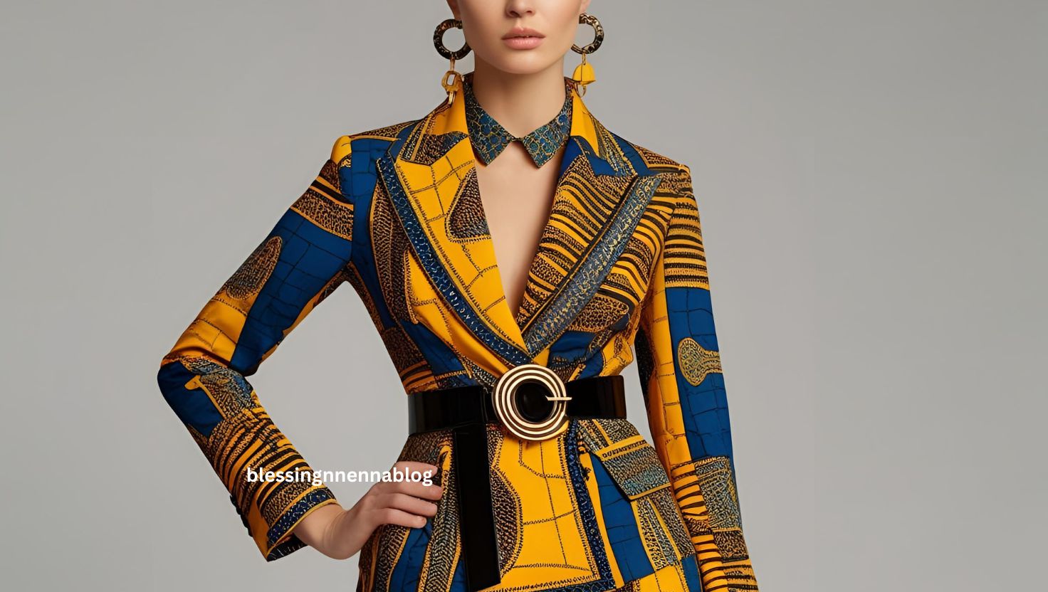 A model wearing a bold Ankara suit with modern accessories.