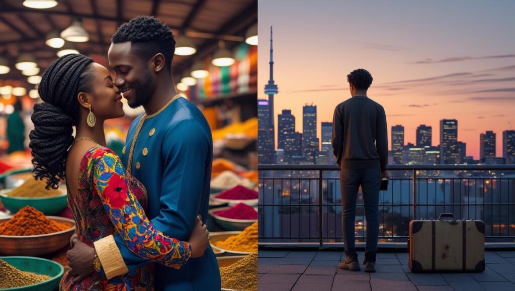 Split image depicting a Nigerian couple's bond and an individual looking towards a foreign skyline, symbolizing the 'Japa' effect on relationships due to emigration."