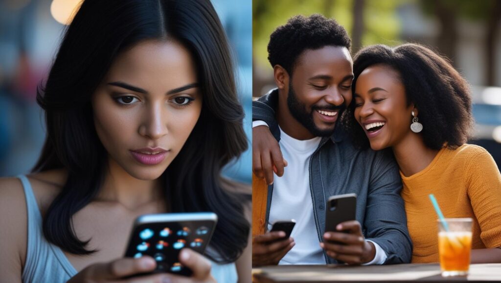 Split image contrasting a person on social media with a happy Nigerian couple in real life, illustrating the challenges of dating in the digital age."