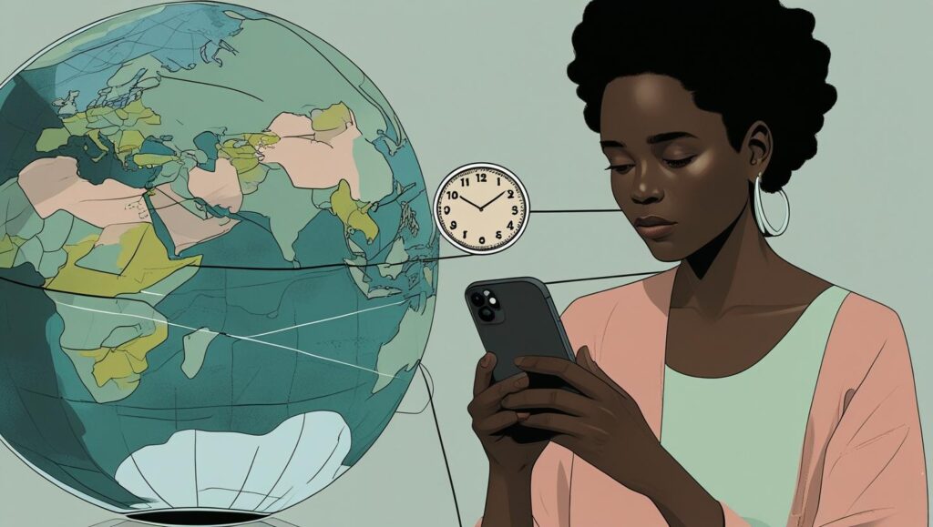 Graphic showing two people connected across different time zones, illustrating the emotional and physical distance caused by 'Japa' in Nigerian relationships."