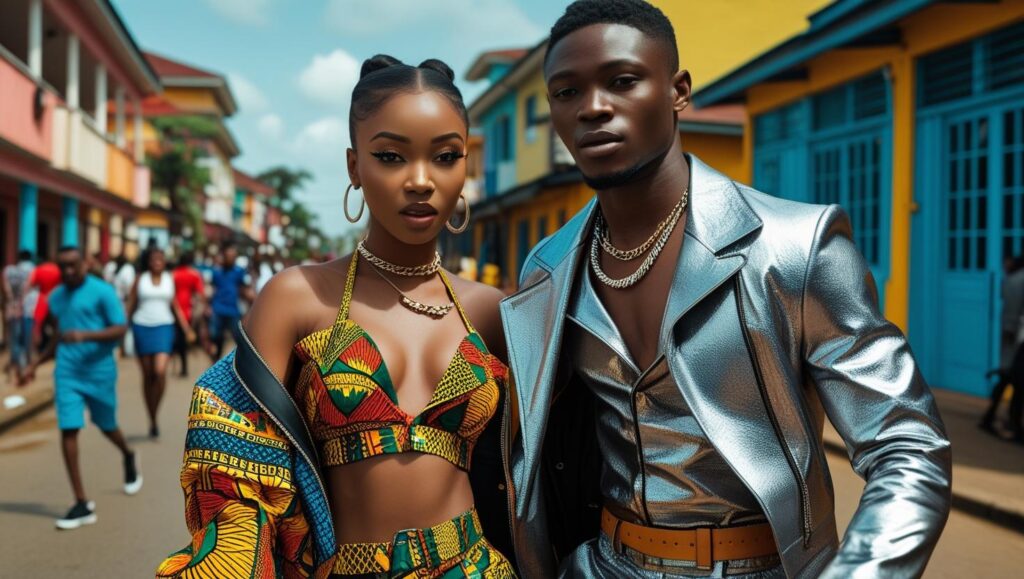 iverse young Nigerians showcasing the latest 2025 fashion trends, including metallic fabrics, modern Ankara, and streetwear, symbolizing dynamic Nigerian style
