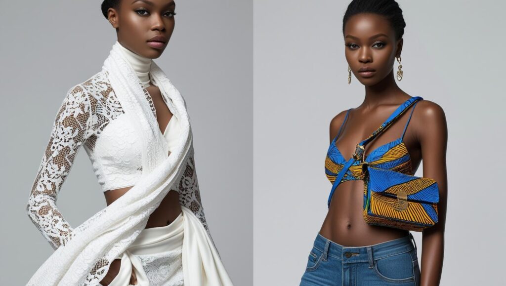 Monochrome Nigerian outfit with textured fabrics and a Y2K-inspired look with local flair, showcasing diverse fashion influences.