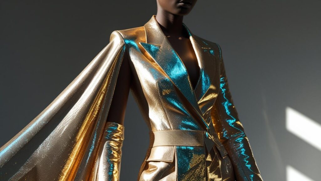 Model wearing a modern Nigerian outfit crafted from shimmering metallic fabric, highlighting a key 2025 fashion trend